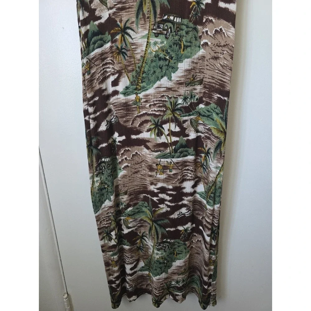 Vintage‎ Tropical Hawaiian Scenic Print Sleeveless Maxi Dress Brown Green Tan